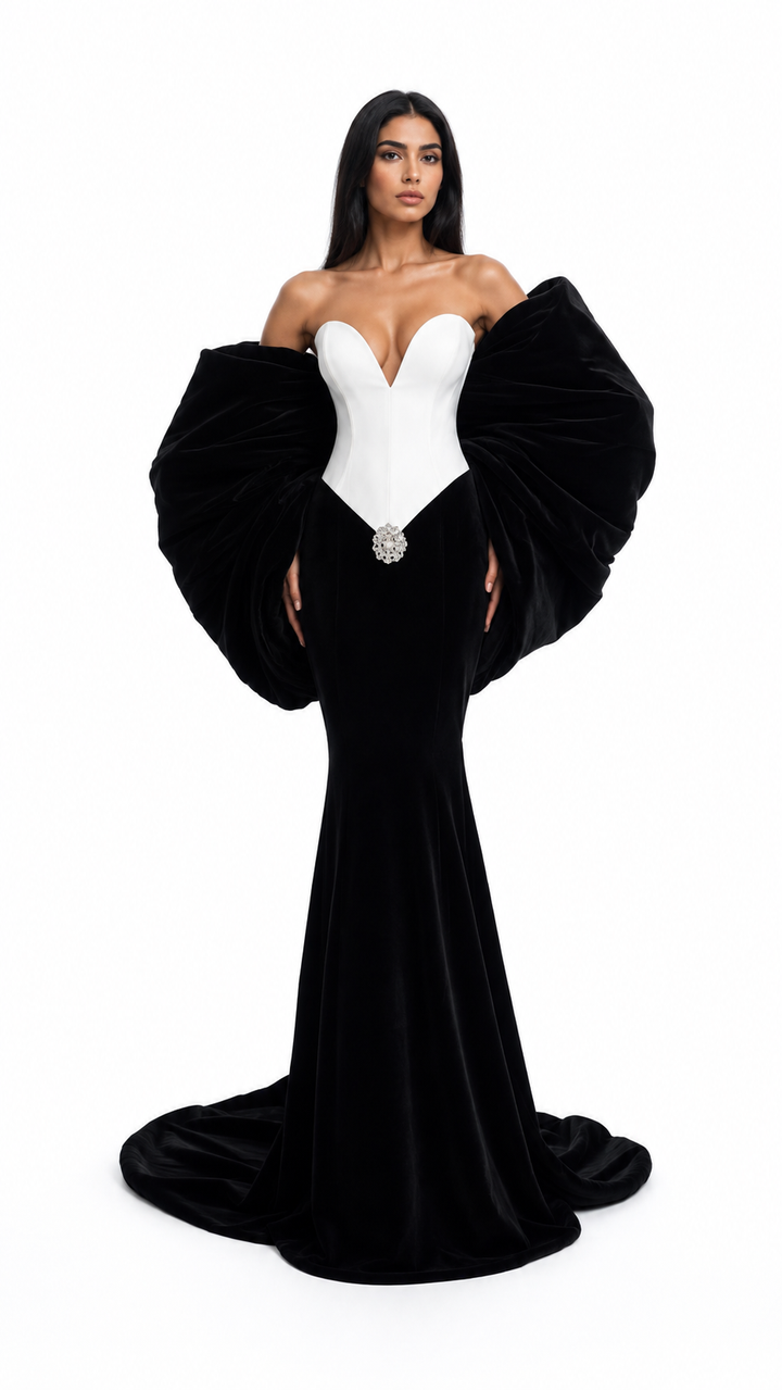 Black & White Sculpted Corset Evening Gown – NOIRELLE