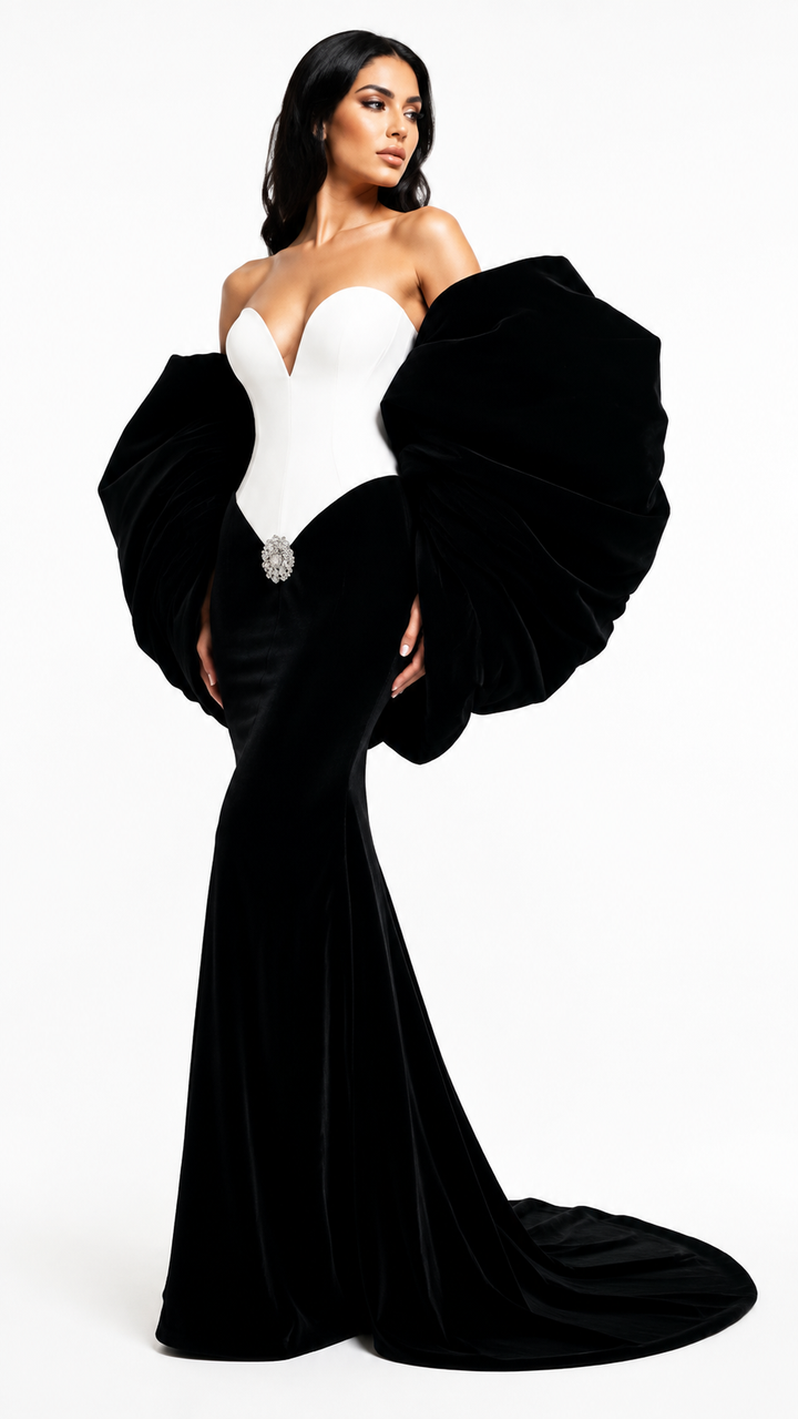 Black & White Sculpted Corset Evening Gown – NOIRELLE