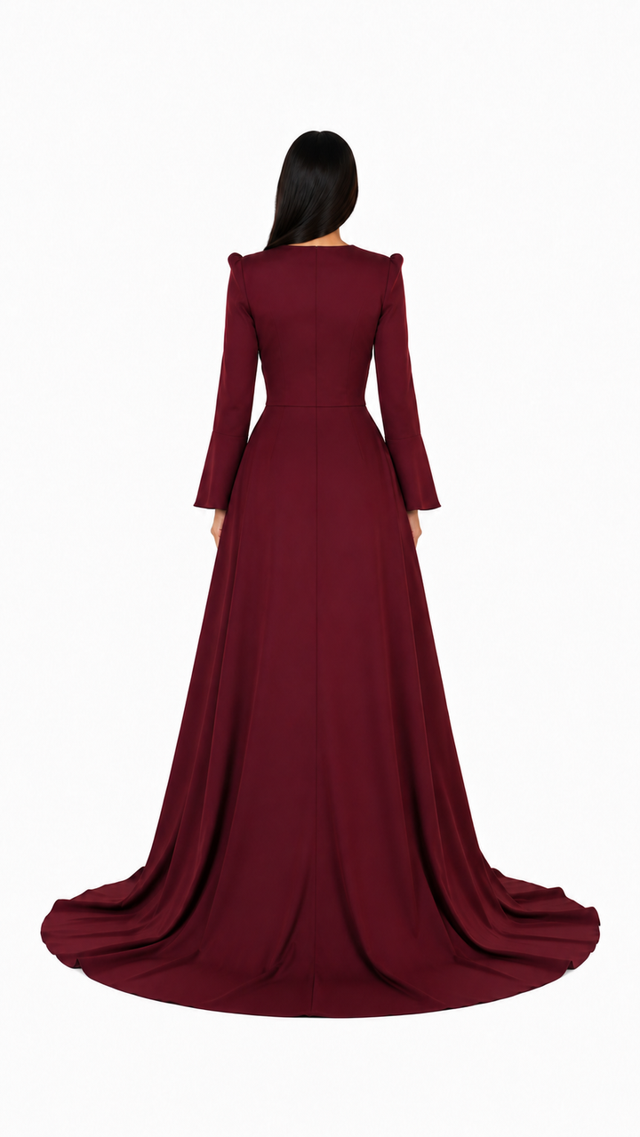 Burgundy Draped Waist Long Sleeve Evening Gown – SERÉNA