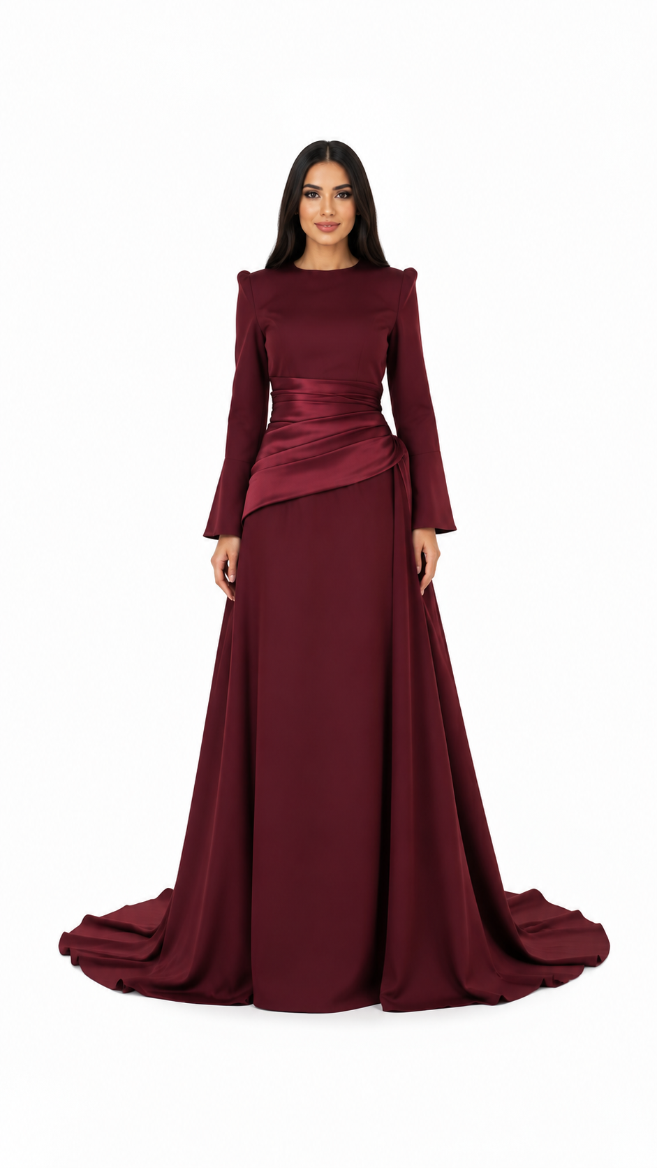 Burgundy Draped Waist Long Sleeve Evening Gown – SERÉNA