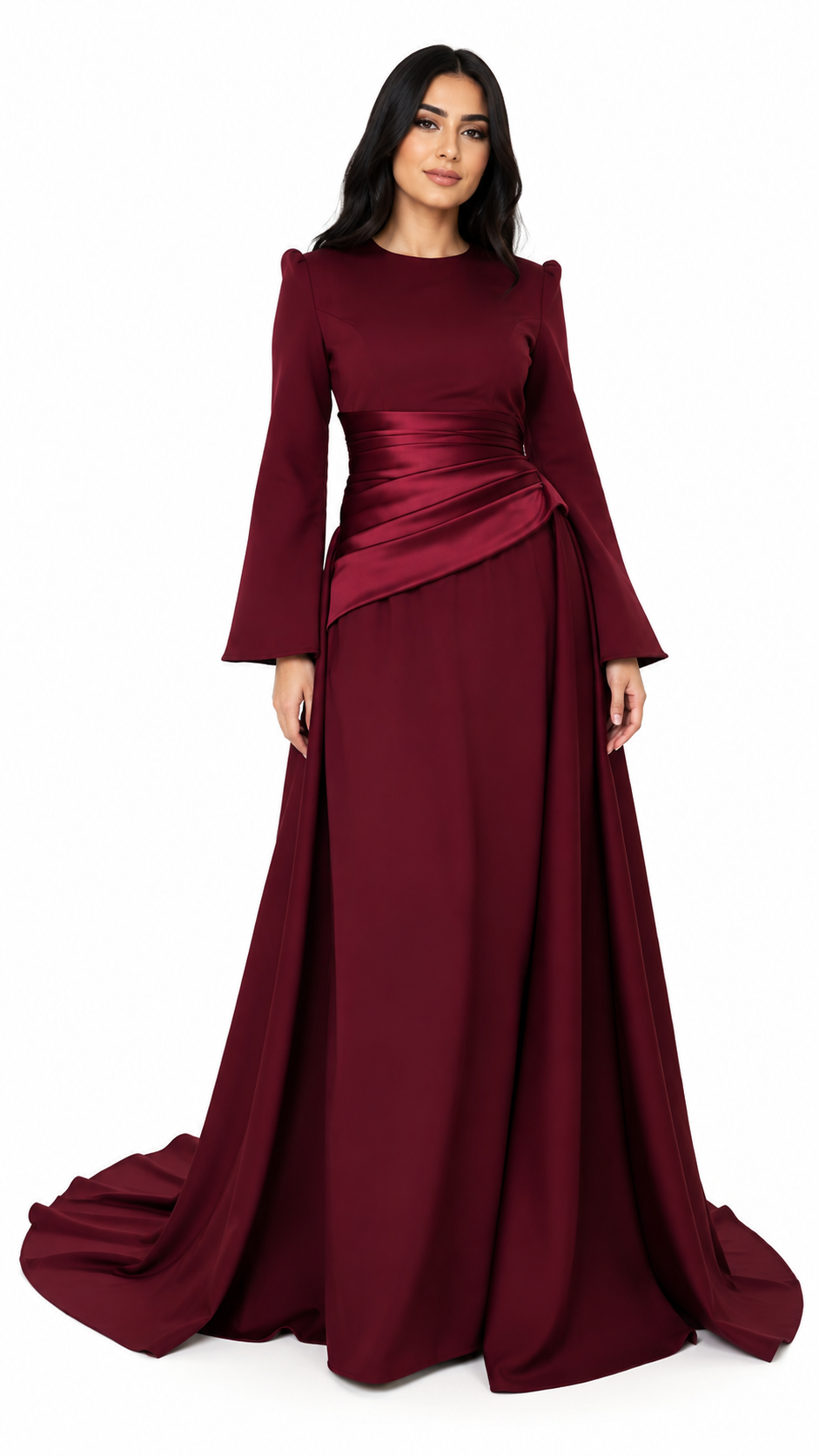 Burgundy Draped Waist Long Sleeve Evening Gown – SERÉNA