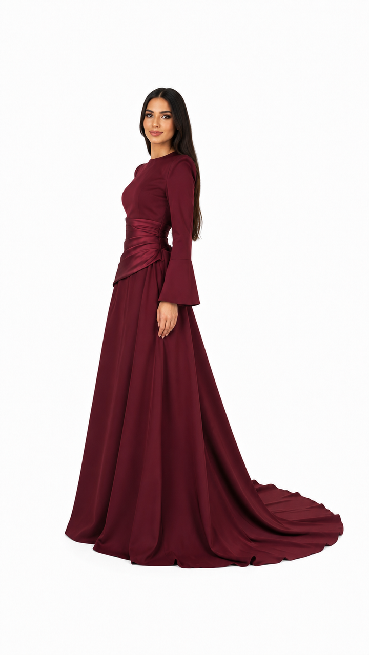 Burgundy Draped Waist Long Sleeve Evening Gown – SERÉNA