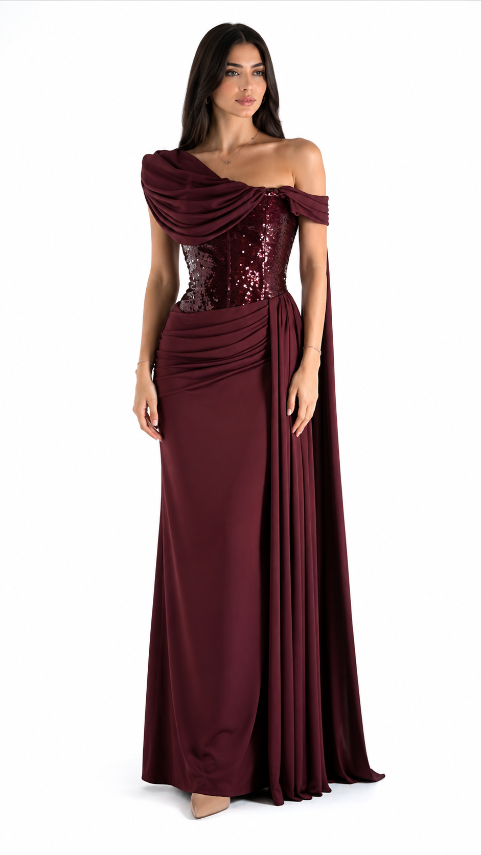 Burgundy Draped Sequin Corset Evening Gown – ROVELLE