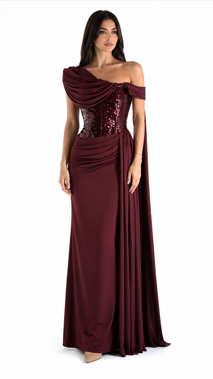 Burgundy Draped Sequin Corset Evening Gown – ROVELLE