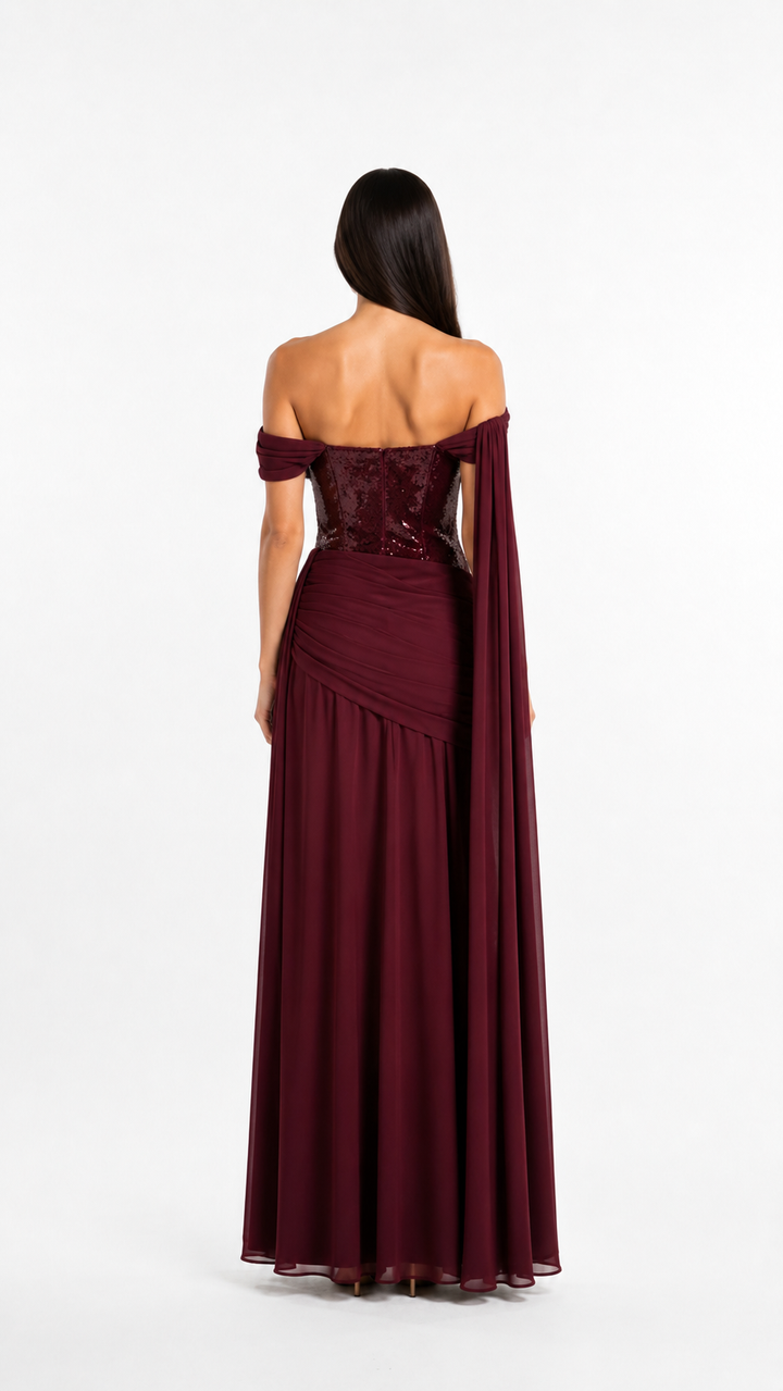Burgundy Draped Sequin Corset Evening Gown – ROVELLE