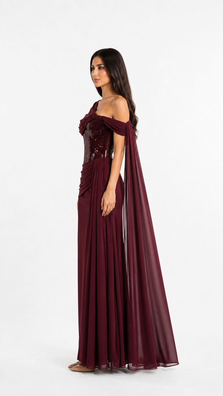 Burgundy Draped Sequin Corset Evening Gown – ROVELLE