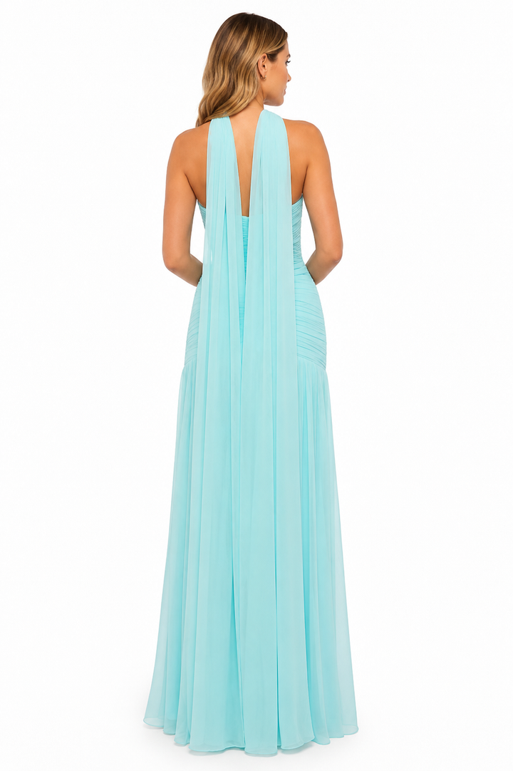 Aqua Blue Draped Corset Evening Gown – AZURELLE