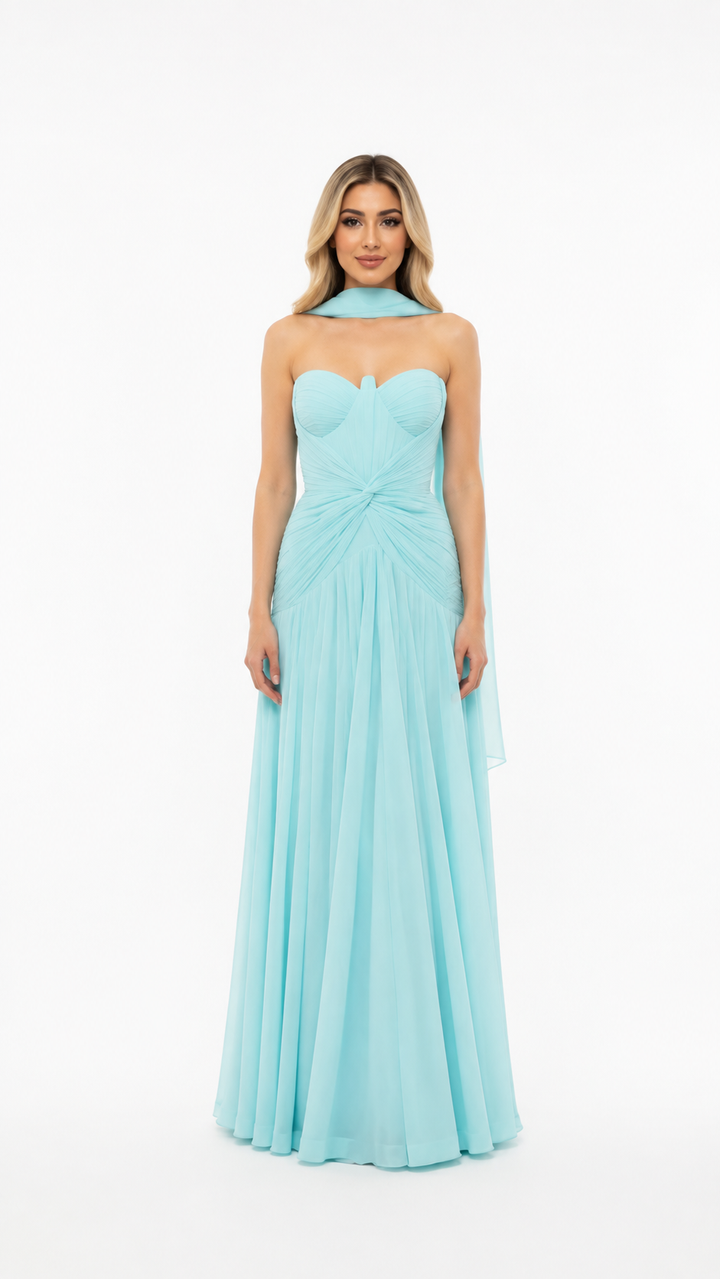 Aqua Blue Draped Corset Evening Gown – AZURELLE