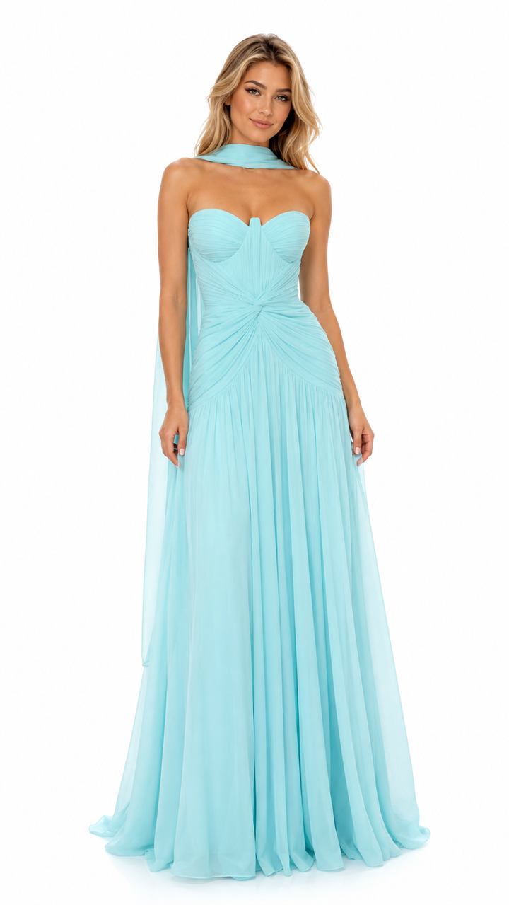 Aqua Blue Draped Corset Evening Gown – AZURELLE