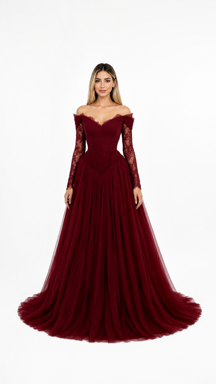 Burgundy Off-Shoulder Lace Sleeve Evening Gown – VARELLE
