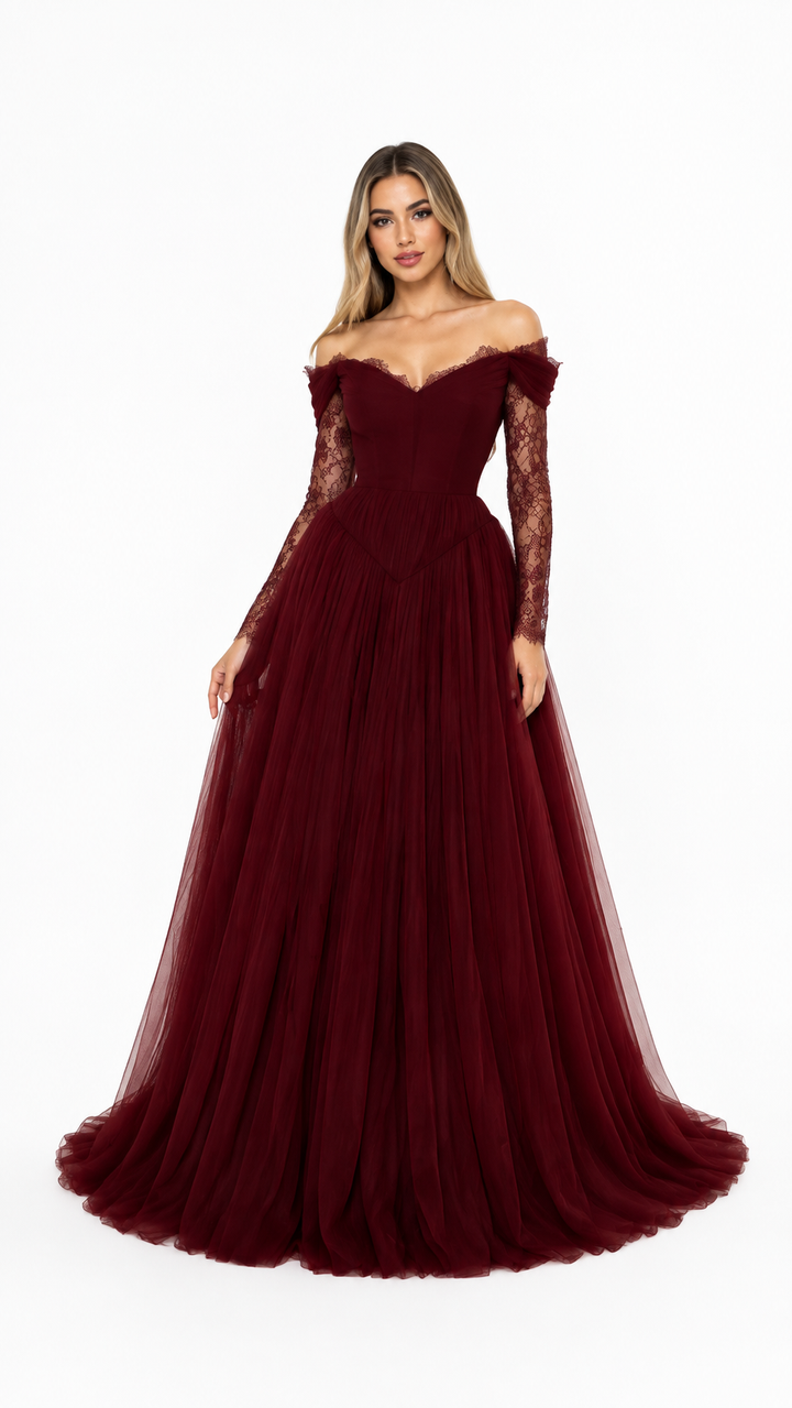 Burgundy Off-Shoulder Lace Sleeve Evening Gown – VARELLE