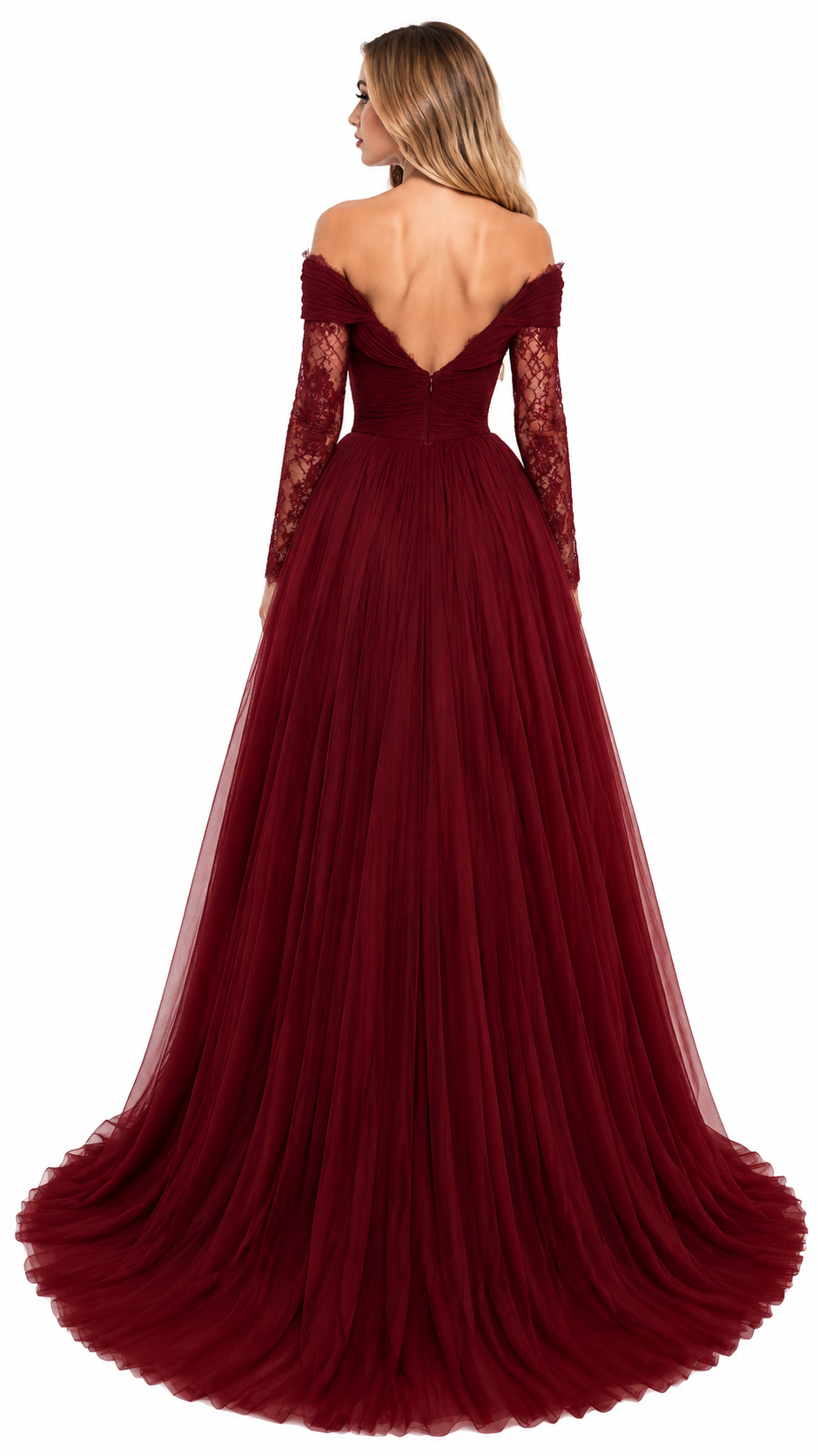 Burgundy Off-Shoulder Lace Sleeve Evening Gown – VARELLE
