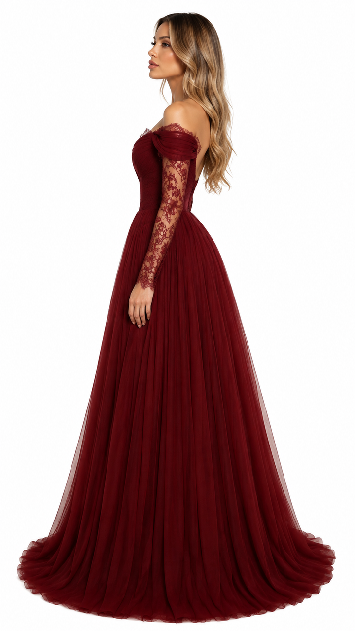 Burgundy Off-Shoulder Lace Sleeve Evening Gown – VARELLE