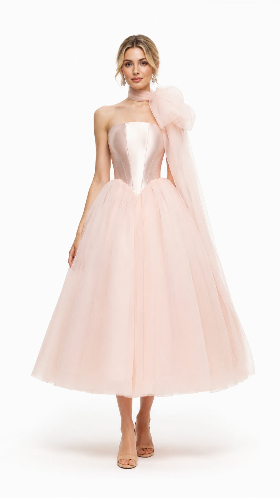 Blush Pink Corset Tulle Midi Gown – AURELIA