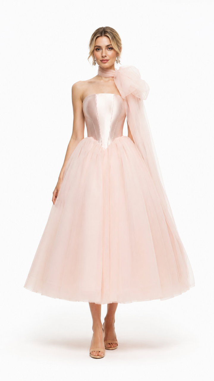 Blush Pink Corset Tulle Midi Gown – AURELIA