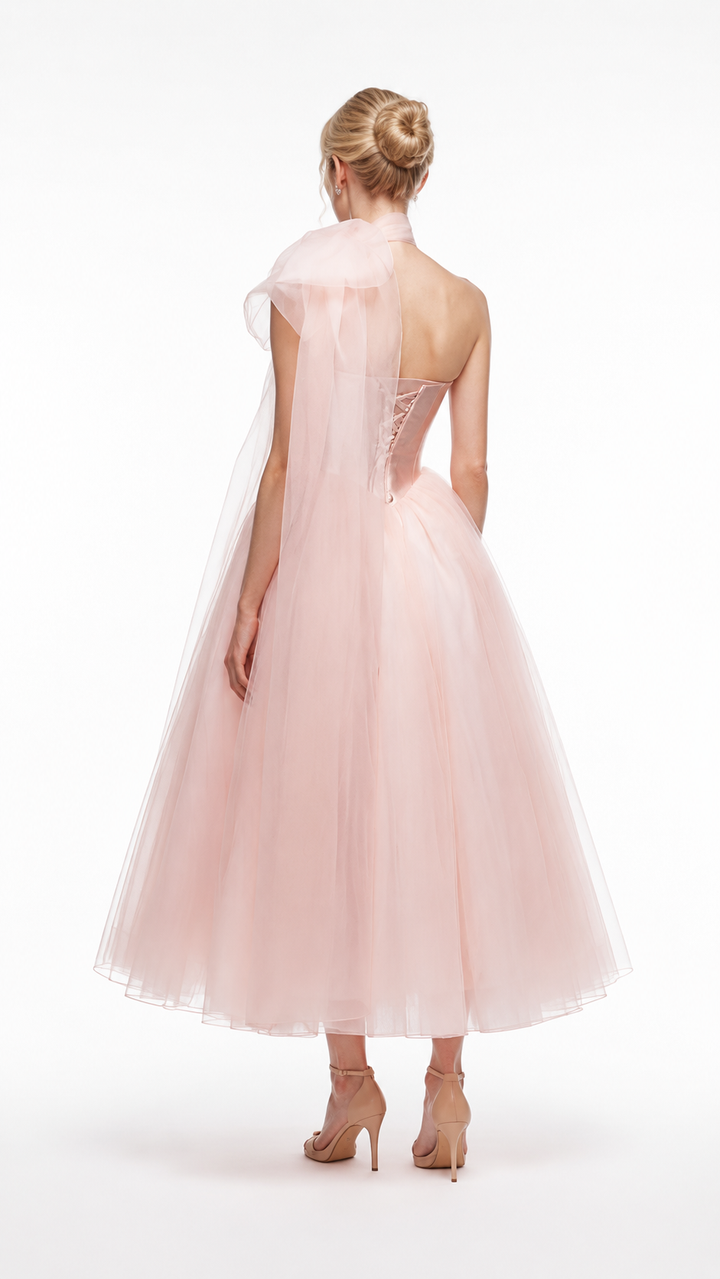 Blush Pink Corset Tulle Midi Gown – AURELIA