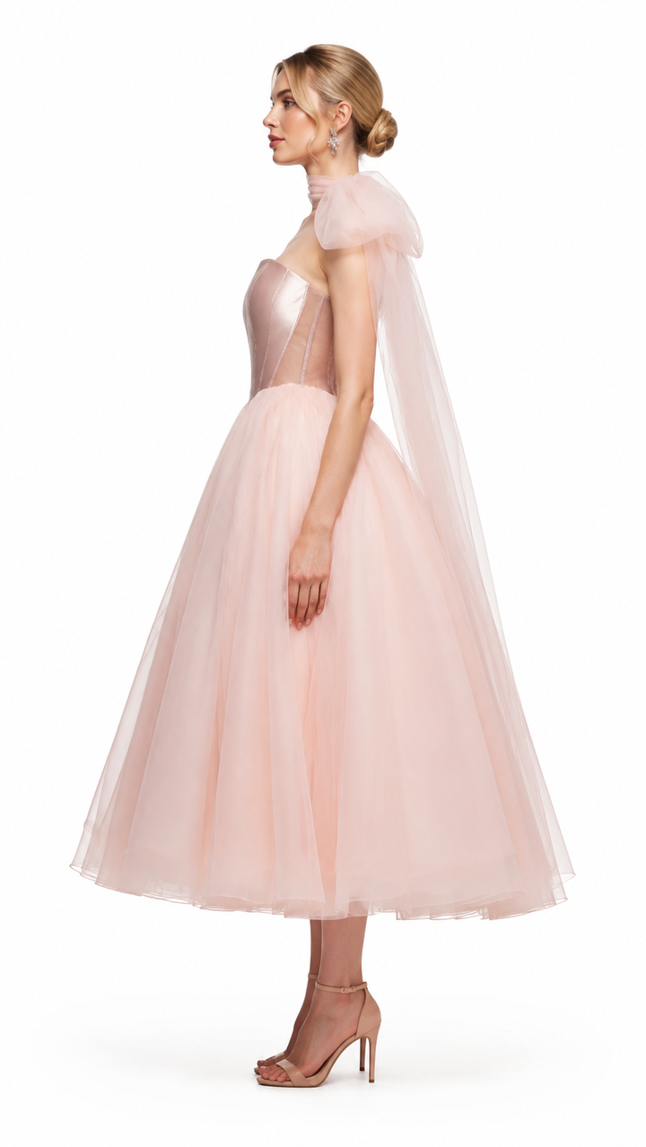 Blush Pink Corset Tulle Midi Gown – AURELIA