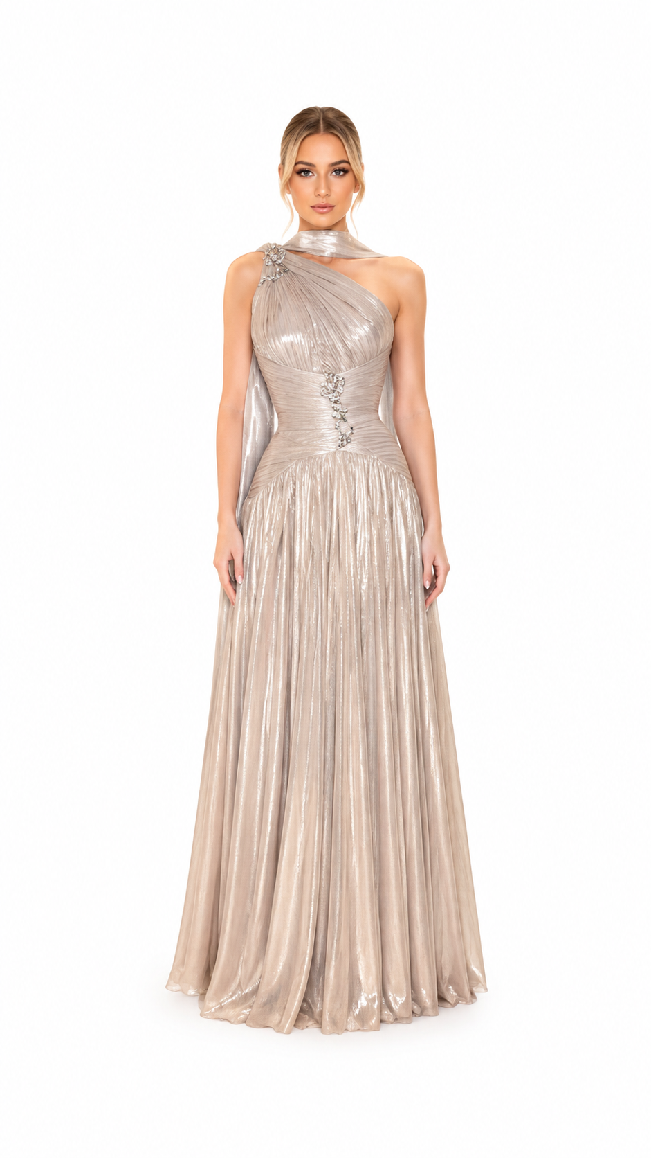 Blush Shimmer Draped Evening Gown – ELYSÉA