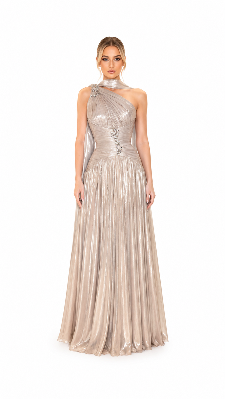 Blush Shimmer Draped Evening Gown – ELYSÉA