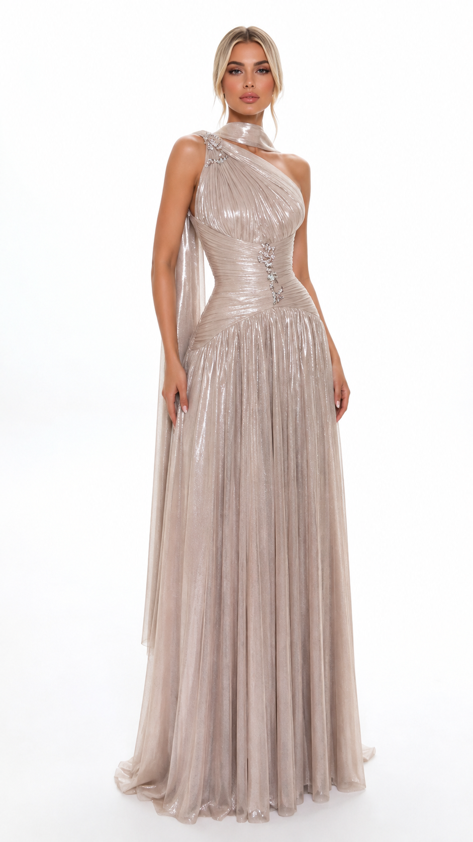 Blush Shimmer Draped Evening Gown – ELYSÉA