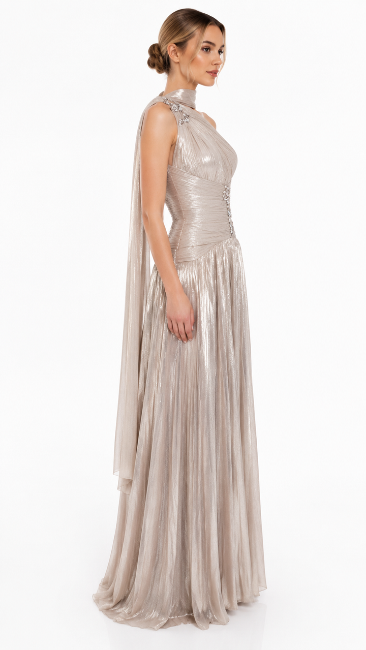 Blush Shimmer Draped Evening Gown – ELYSÉA