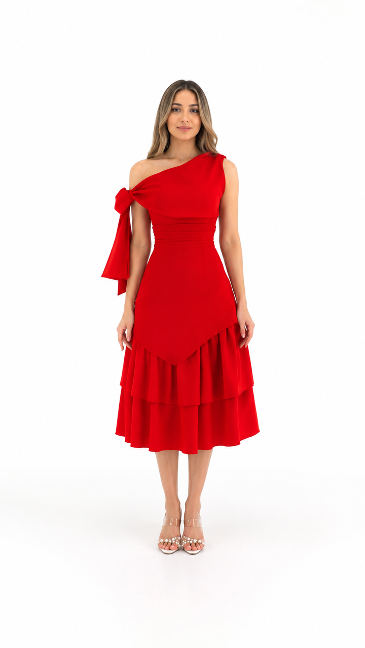 Burgundy One-Shoulder Ruffle Midi Dress – MARÉLLE