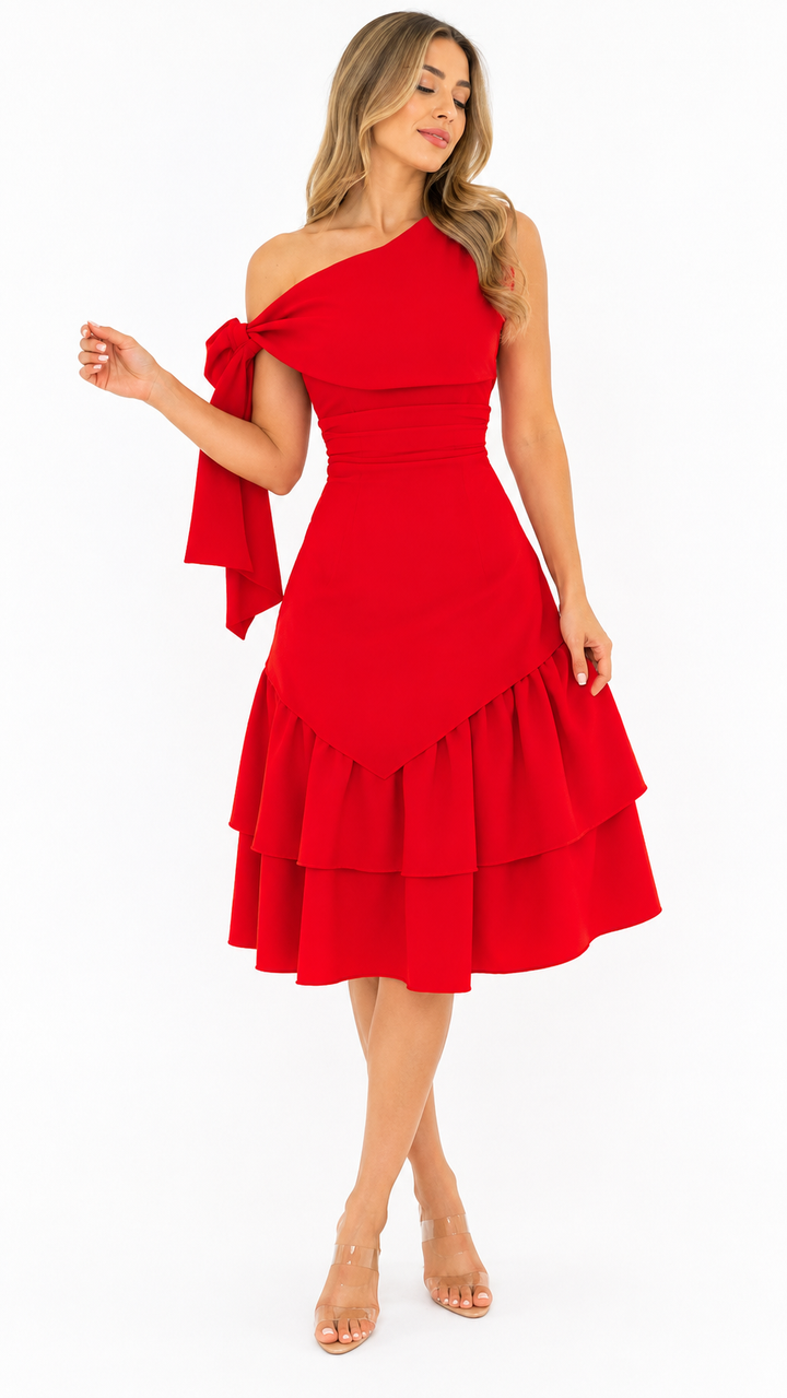 Burgundy One-Shoulder Ruffle Midi Dress – MARÉLLE