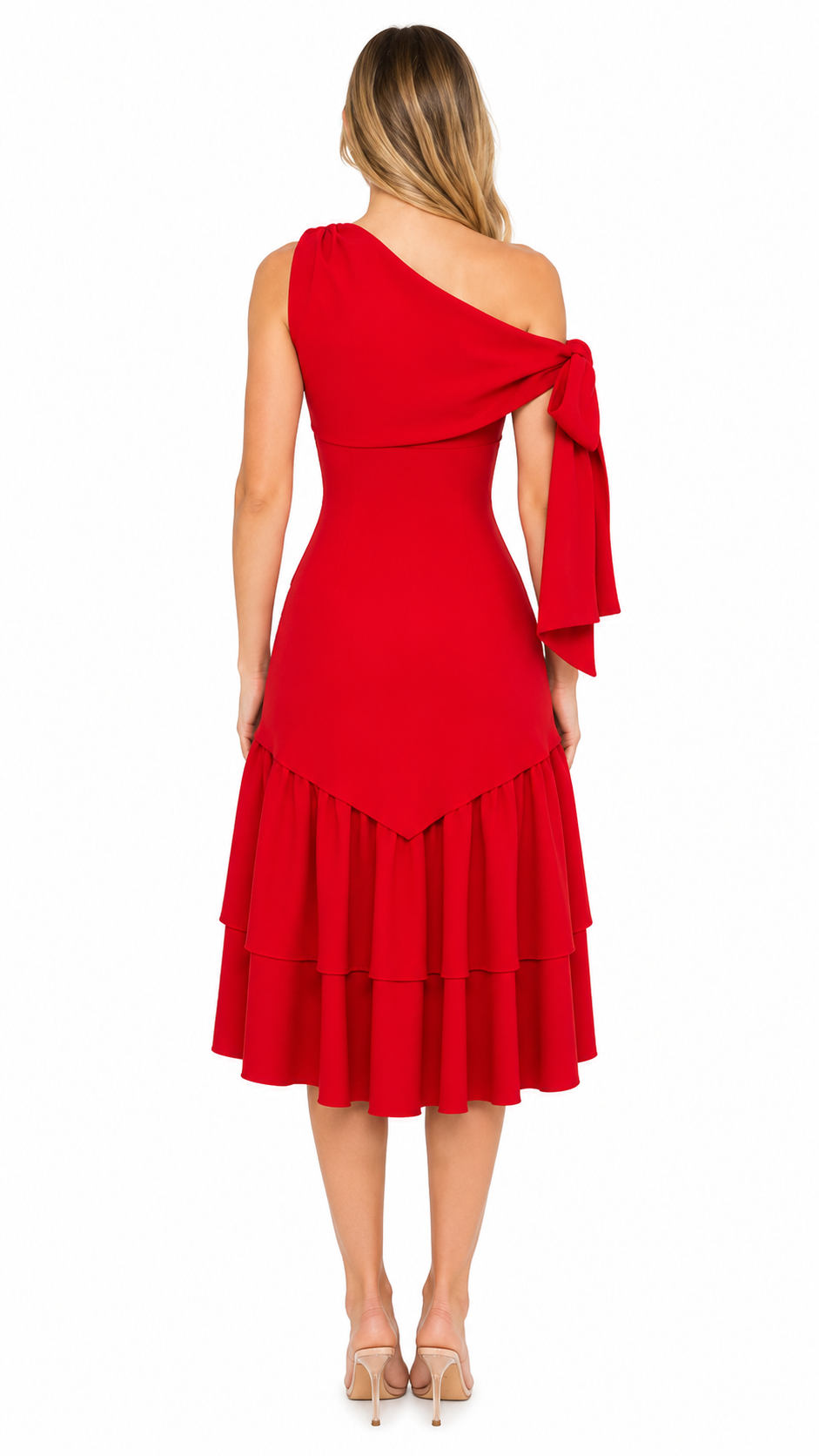 Burgundy One-Shoulder Ruffle Midi Dress – MARÉLLE