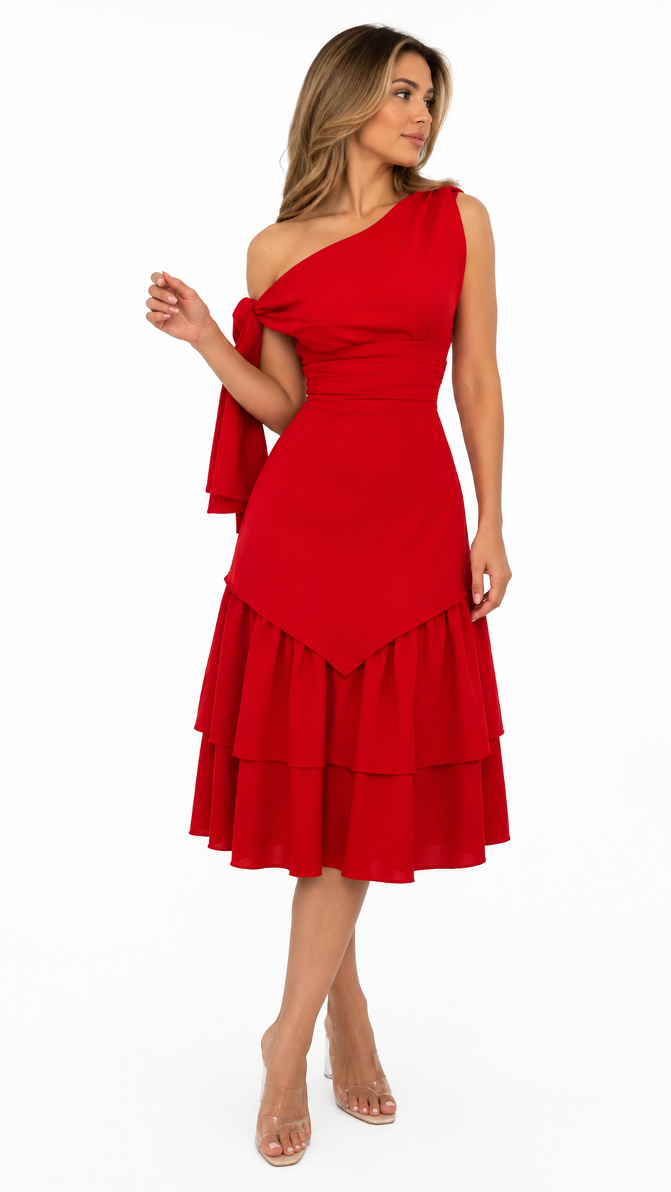 Burgundy One-Shoulder Ruffle Midi Dress – MARÉLLE