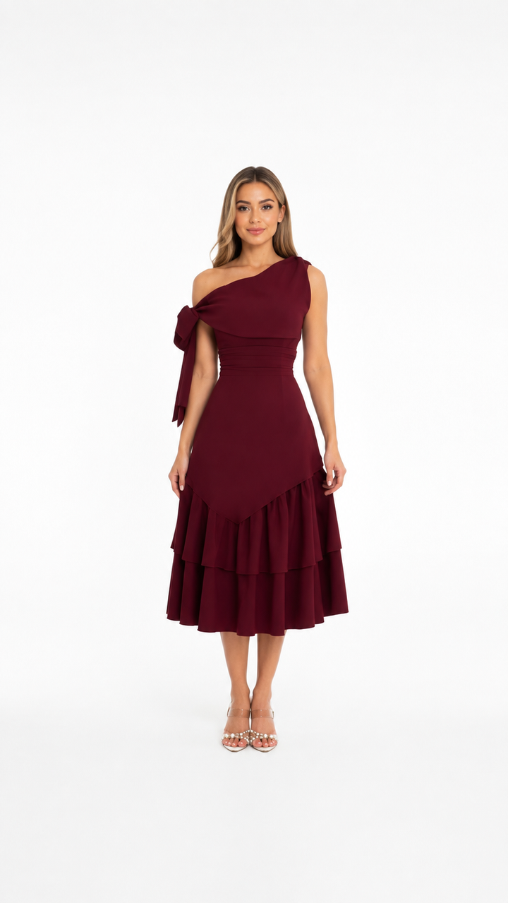 Burgundy One-Shoulder Ruffle Midi Dress – MARÉLLE