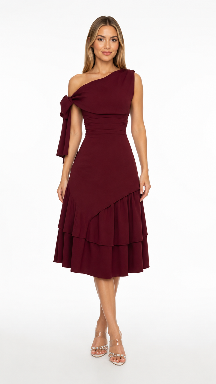 Burgundy One-Shoulder Ruffle Midi Dress – MARÉLLE
