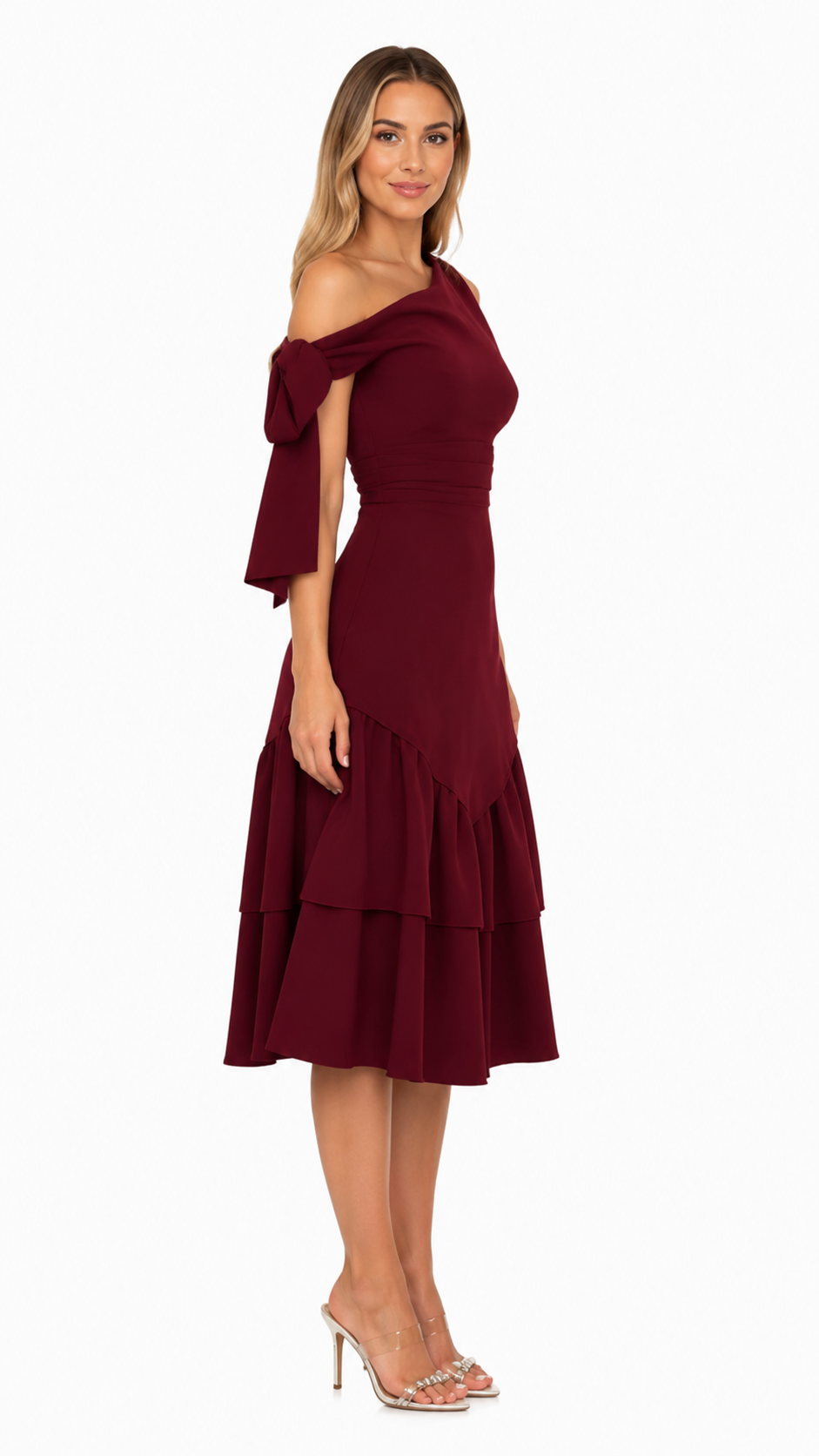 Burgundy One-Shoulder Ruffle Midi Dress – MARÉLLE