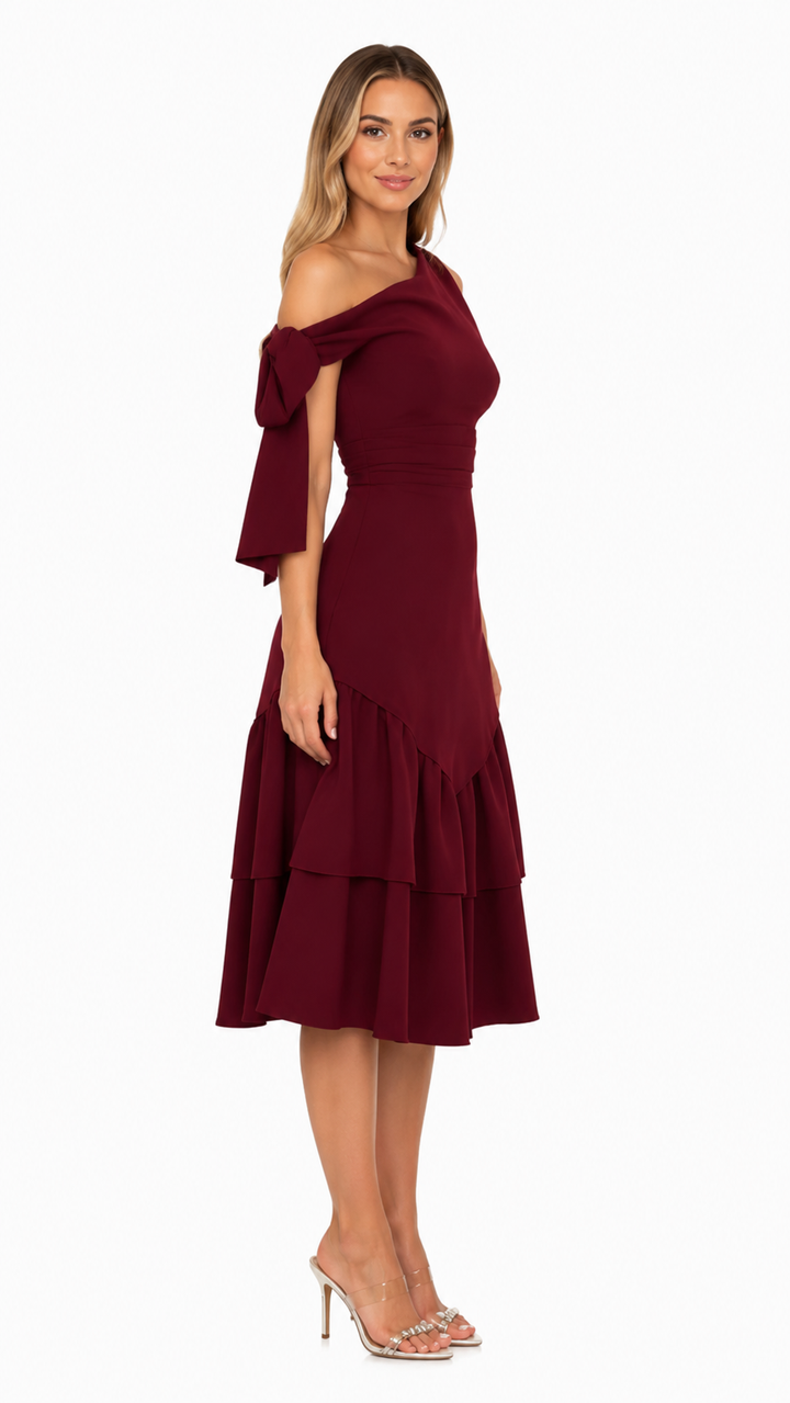 Burgundy One-Shoulder Ruffle Midi Dress – MARÉLLE