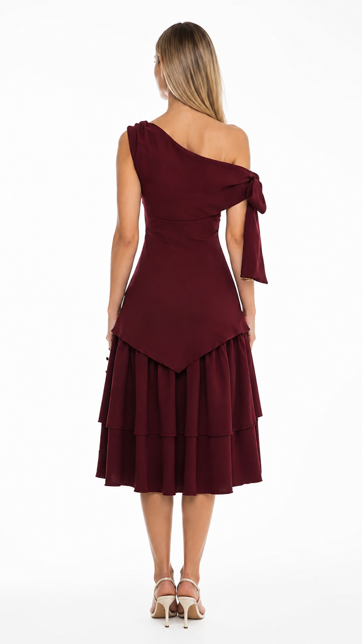 Burgundy One-Shoulder Ruffle Midi Dress – MARÉLLE