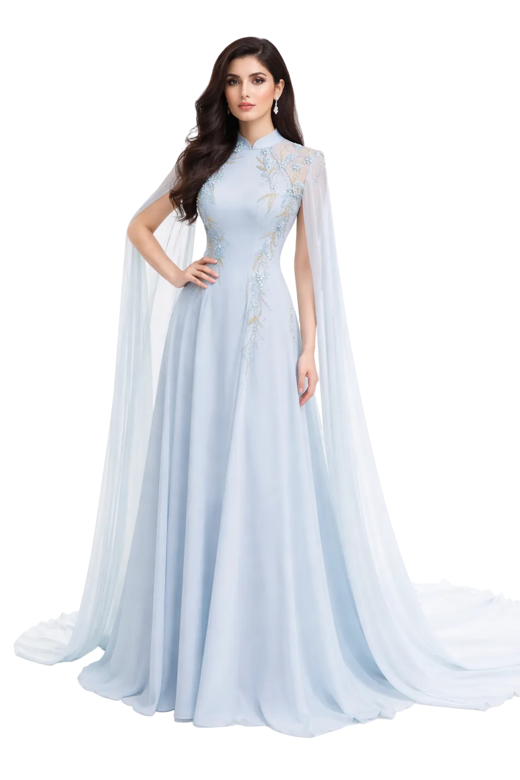 Embellished high-neck chiffon gown with sheer cape sleeves – ESAM –