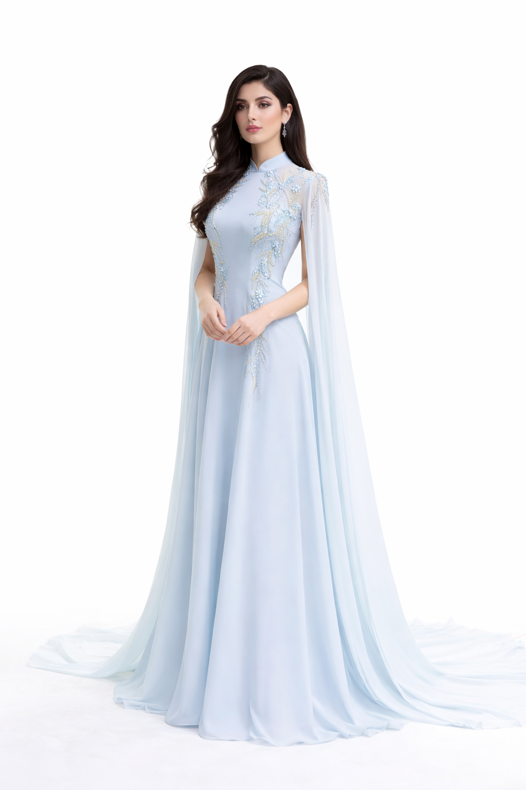 Embellished high-neck chiffon gown with sheer cape sleeves – ESAM –