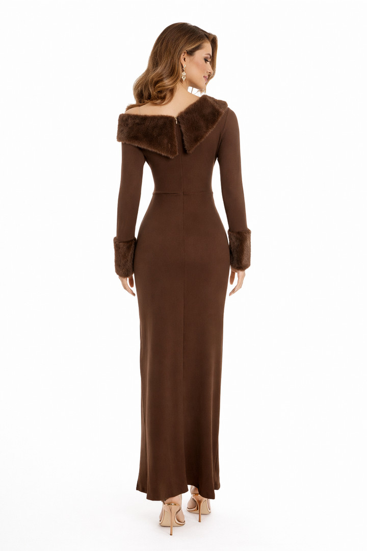 Off-shoulder long dress with faux fur trim and thigh-high slit – MOCHA