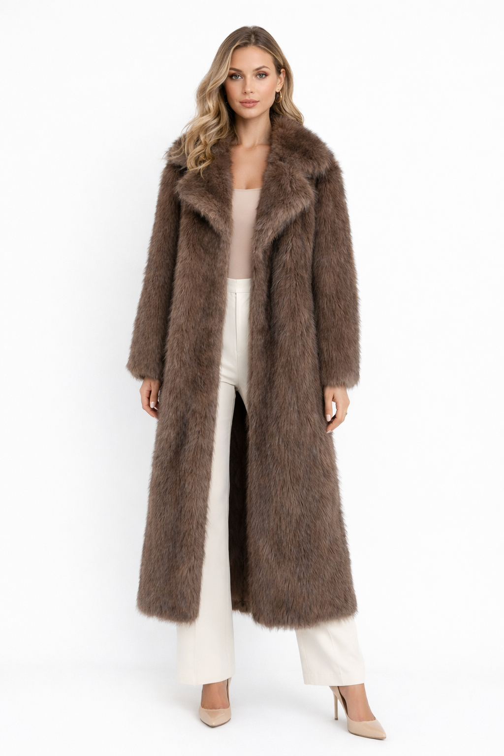 Long faux fur coat with wide lapel collar – CLOUD