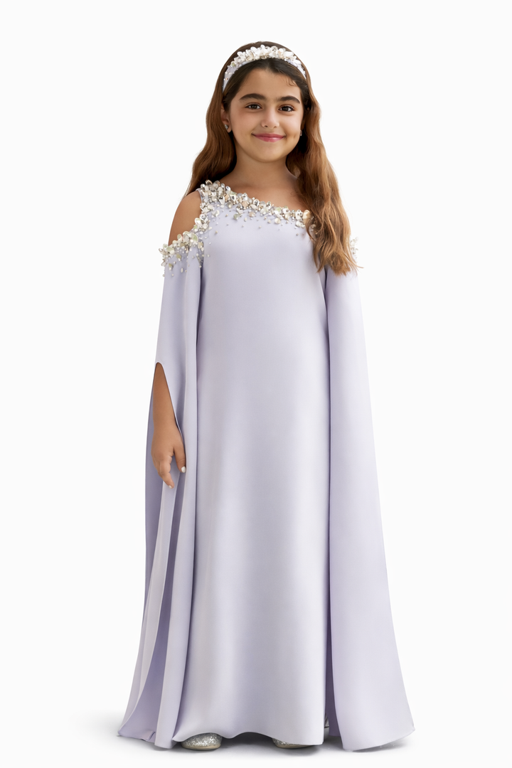 Cold-Shoulder Cape Maxi Dress with Floral Embellished Neckline – ELARA