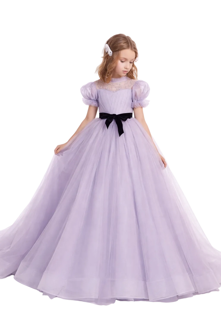 Sheer Tulle Ball Gown with Puff Sleeves and Velvet Bow – VIOLET