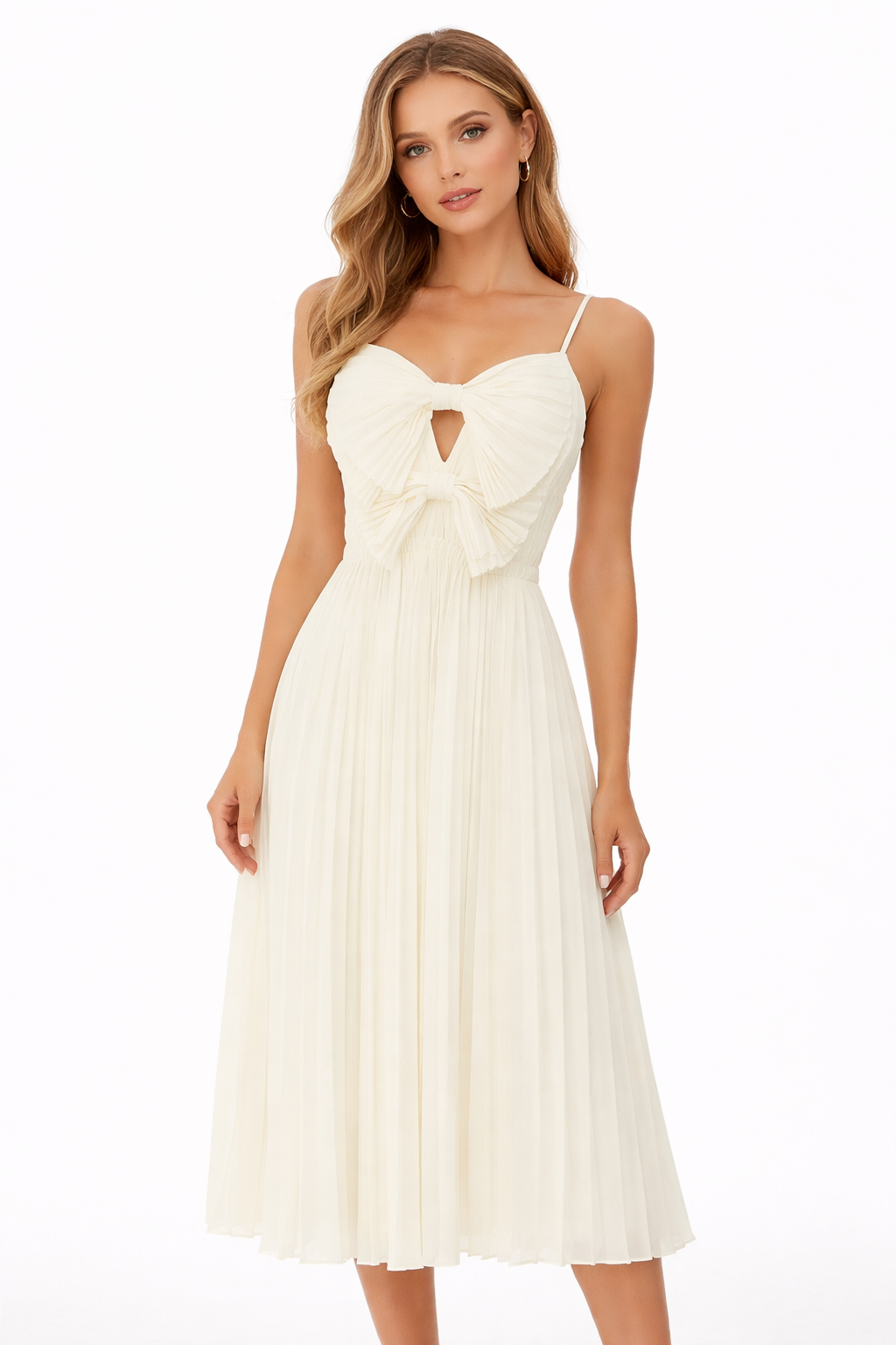pleated midi dress with bow-front cutout bodice – LUMIÈRE