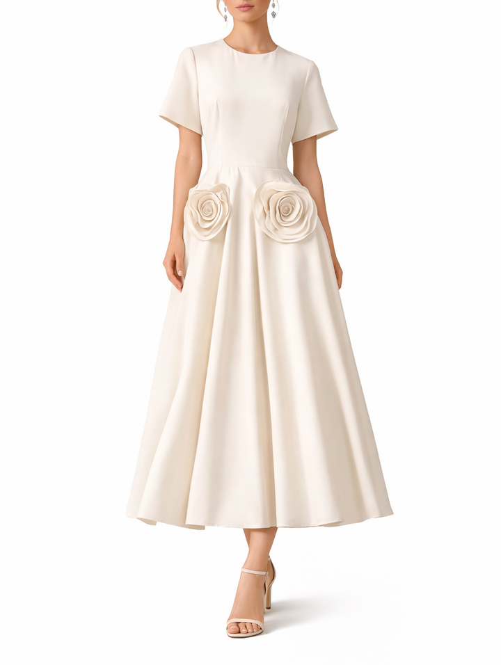 Short-Sleeve A-Line Maxi Dress with Floral Waist Appliqués – LUMINA