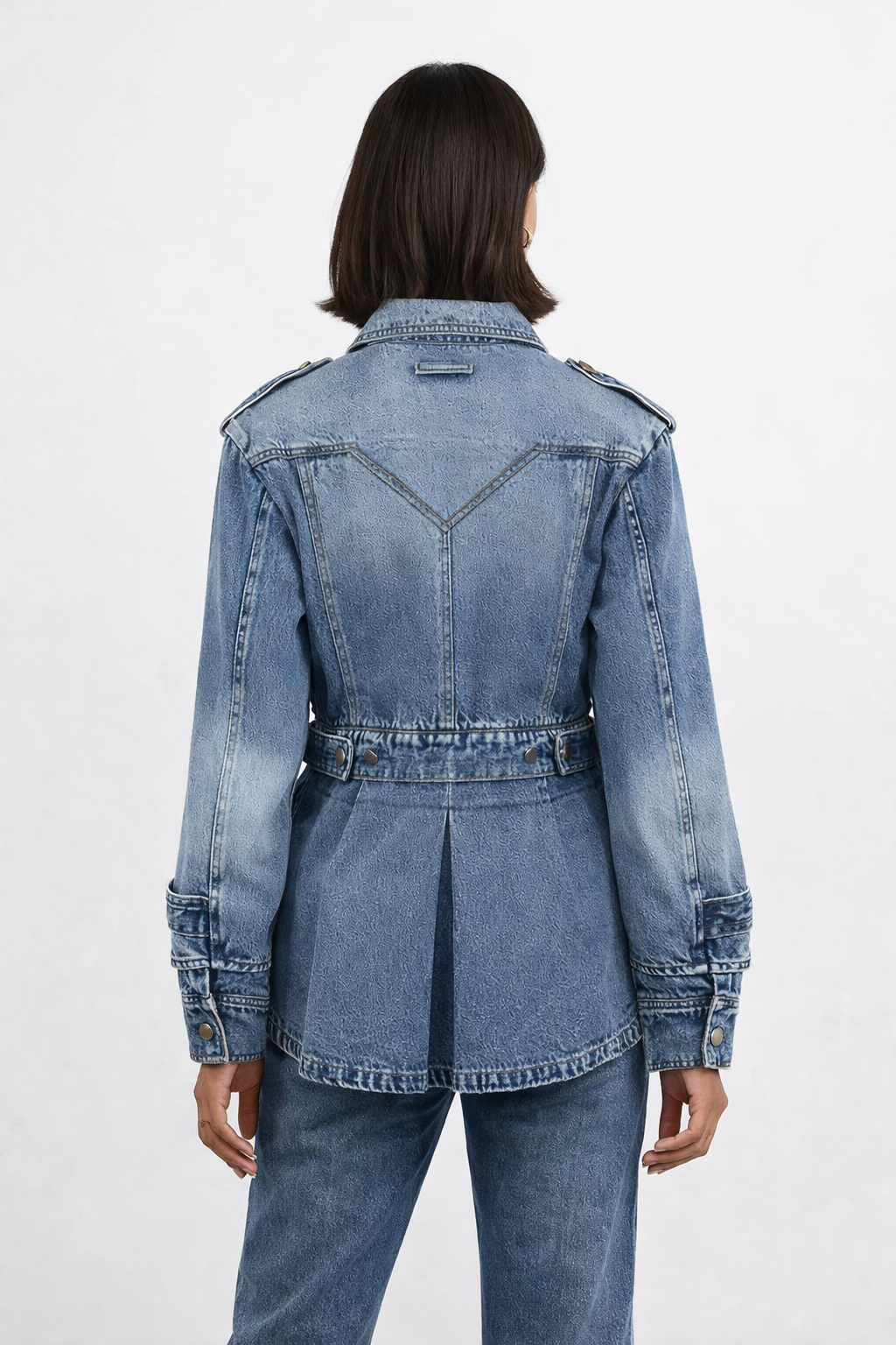 denim belted utility jacket with layered pockets – NOVA
