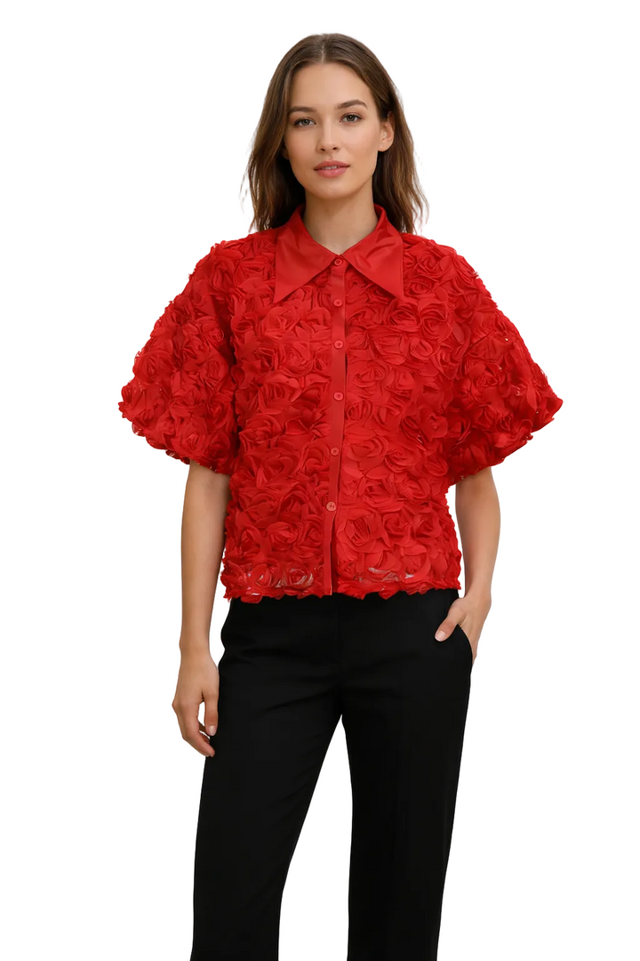 floral rosette textured blouse with puff sleeves – KAHRABA