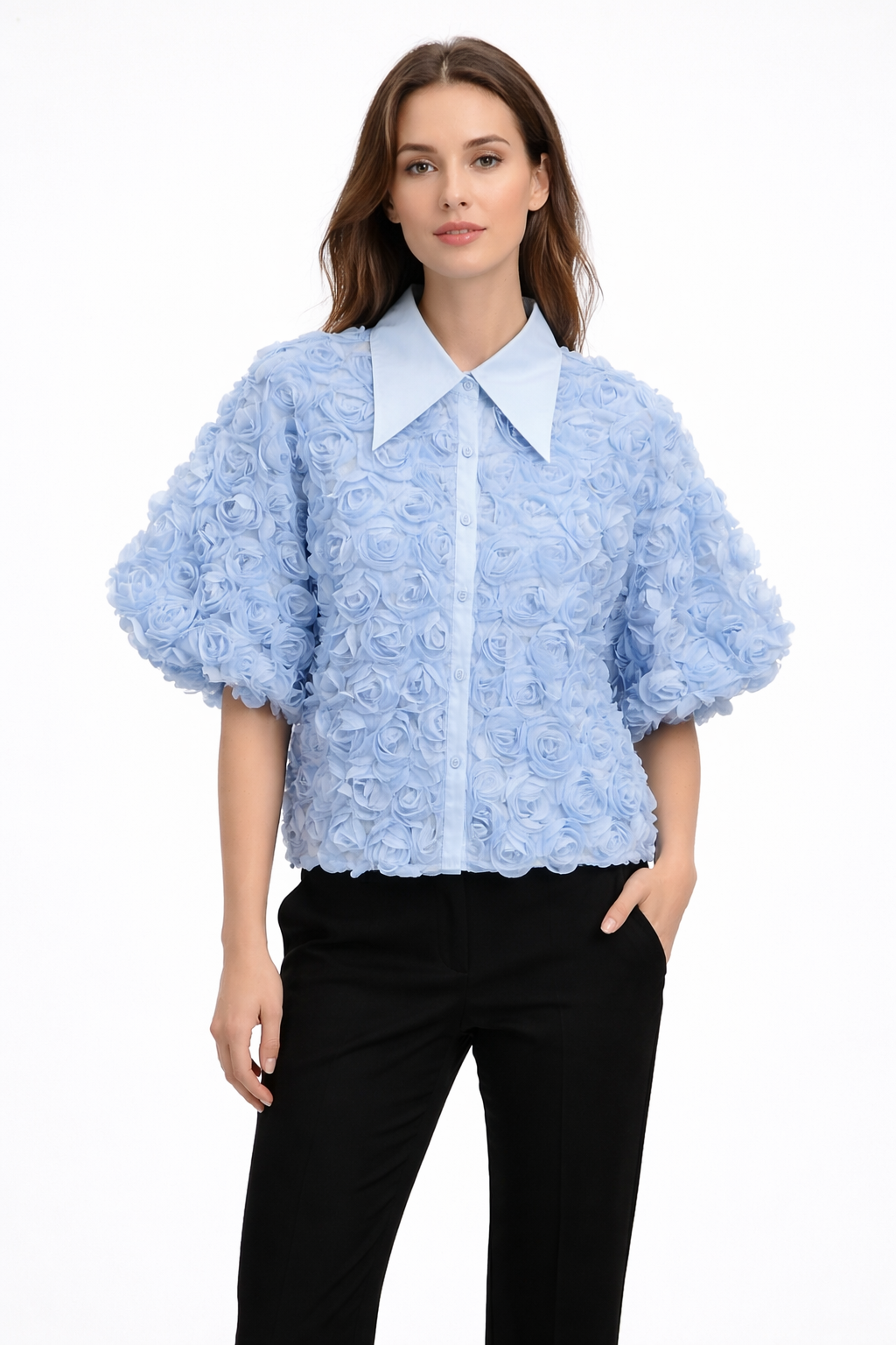 floral rosette textured blouse with puff sleeves – KAHRABA
