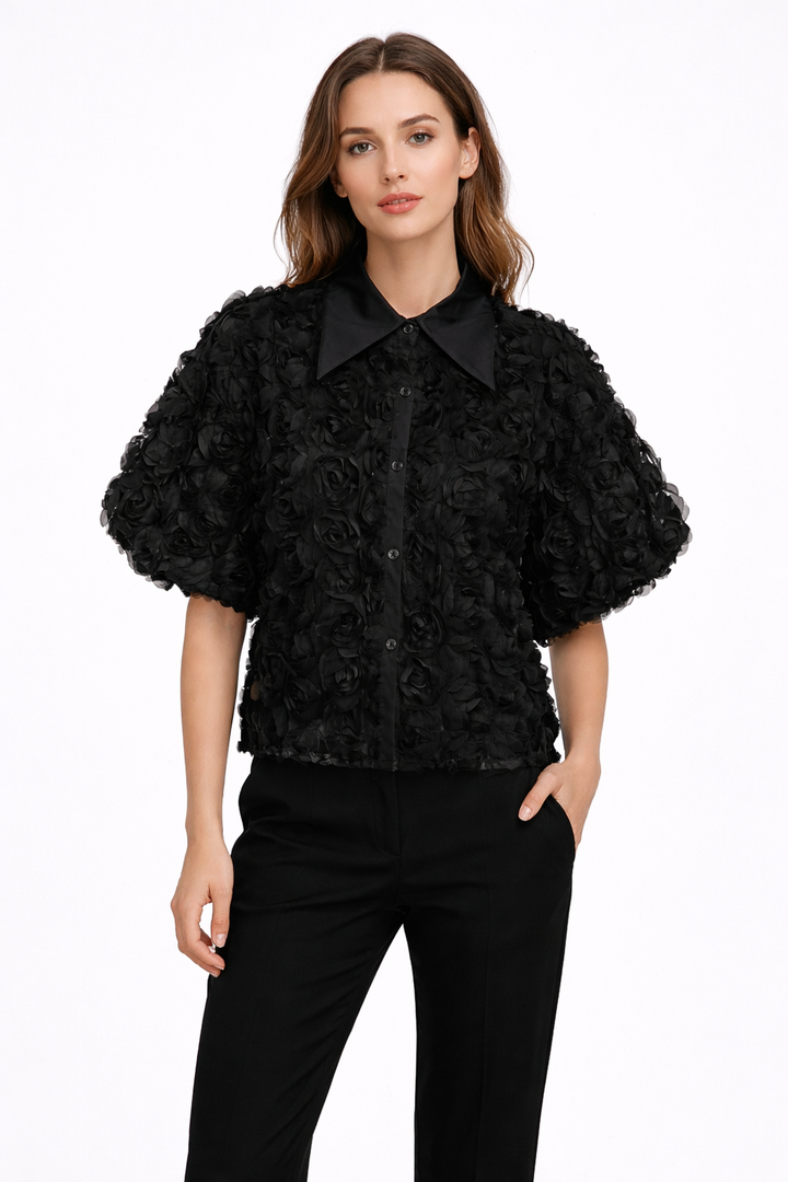 floral rosette textured blouse with puff sleeves – KAHRABA