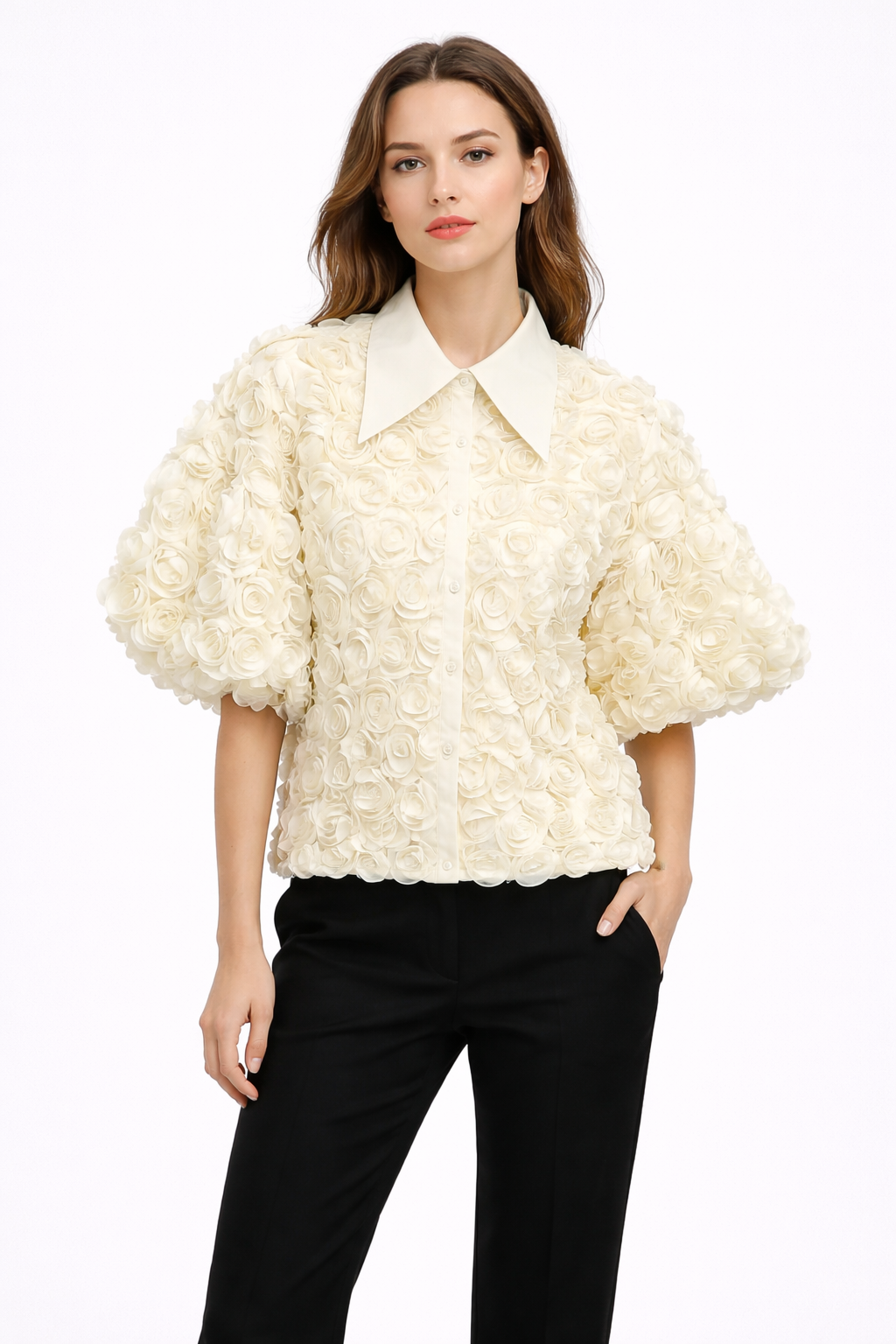 floral rosette textured blouse with puff sleeves – KAHRABA