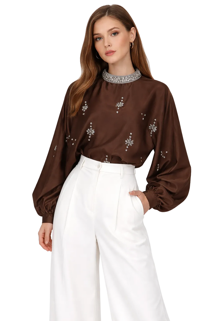 embellished high-neck satin blouse with balloon sleeves – SERENA