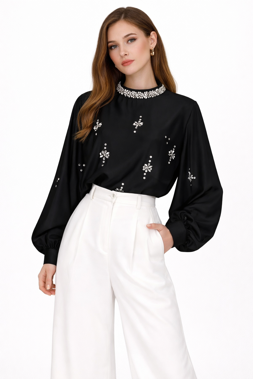 embellished high-neck satin blouse with balloon sleeves – SERENA
