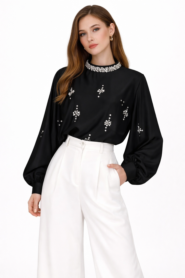 embellished high-neck satin blouse with balloon sleeves – SERENA